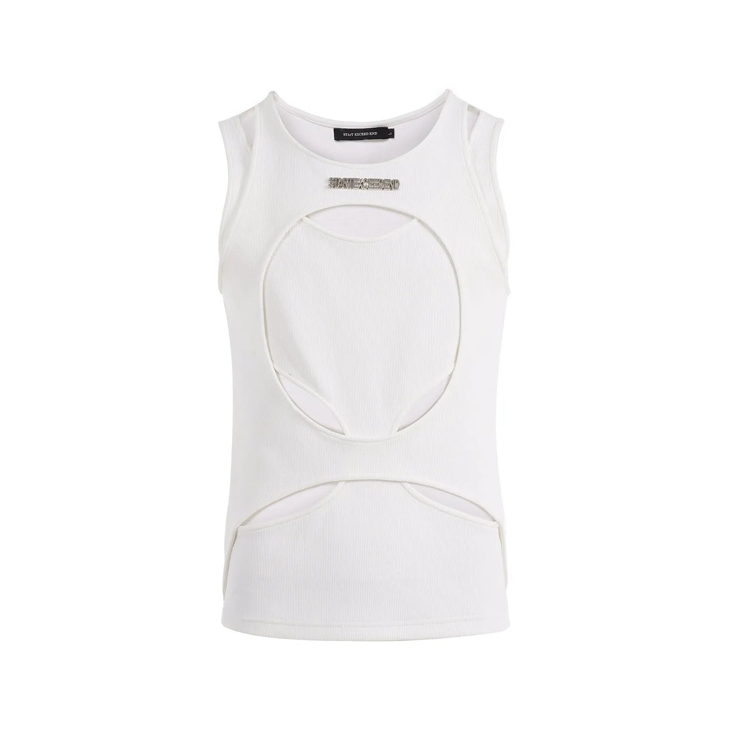 Men's loose black and white hollow knit sleeveless summer vest on a hanger.