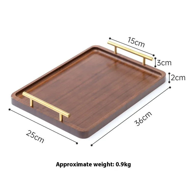 Square brown-handled bamboo serving tray on a table, pastoral style.
