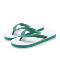 Fish label rubber flip-flops in four colours with non-slip deodorant soles, shown with size guide