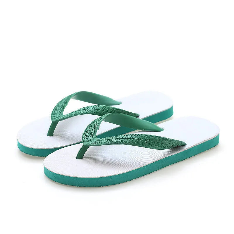 Fish label rubber flip-flops in four colours with non-slip deodorant soles, shown with size guide