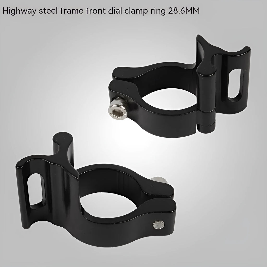 Black aluminium alloy vehicle clamp ring with 28.6mm diameter and steel frame bracket