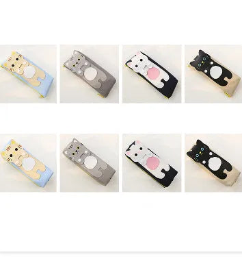 Medium square blue canvas pencil case with cat cartoon print and zipper closure
