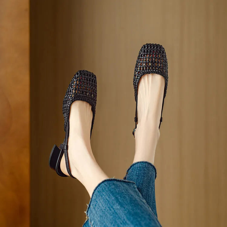 Women's woven hollow-out sandals with closed toe, 4cm chunky heel, and belt buckle fastening in beige colour