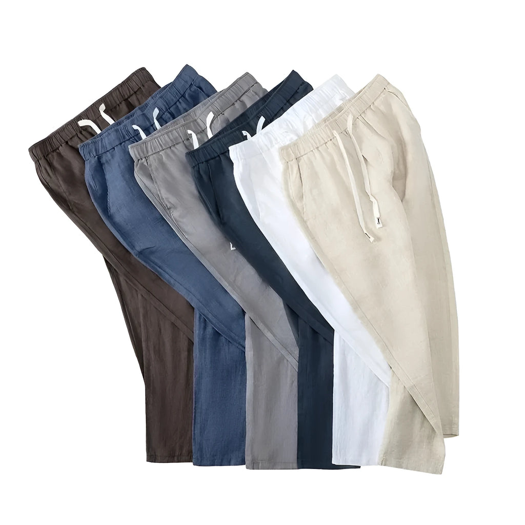 Pure linen Chinese style trousers with drawstring waist in straight leg design