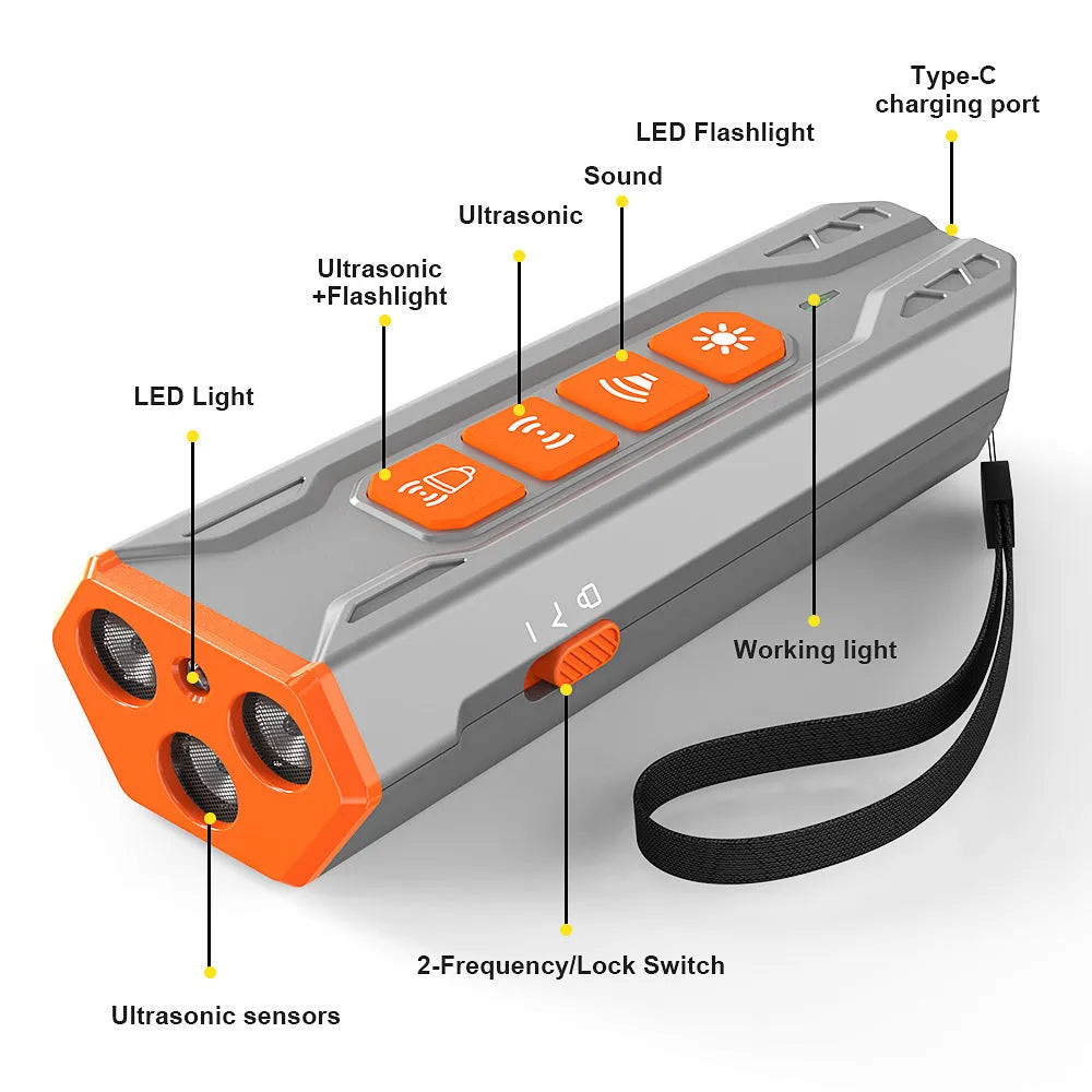 Handheld three-head ultrasonic dog trainer in black and orange colour scheme