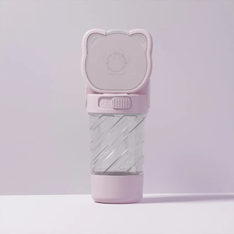 3-in-1 portable pet water bottle with food container and waste bag dispenser in green pink white colours