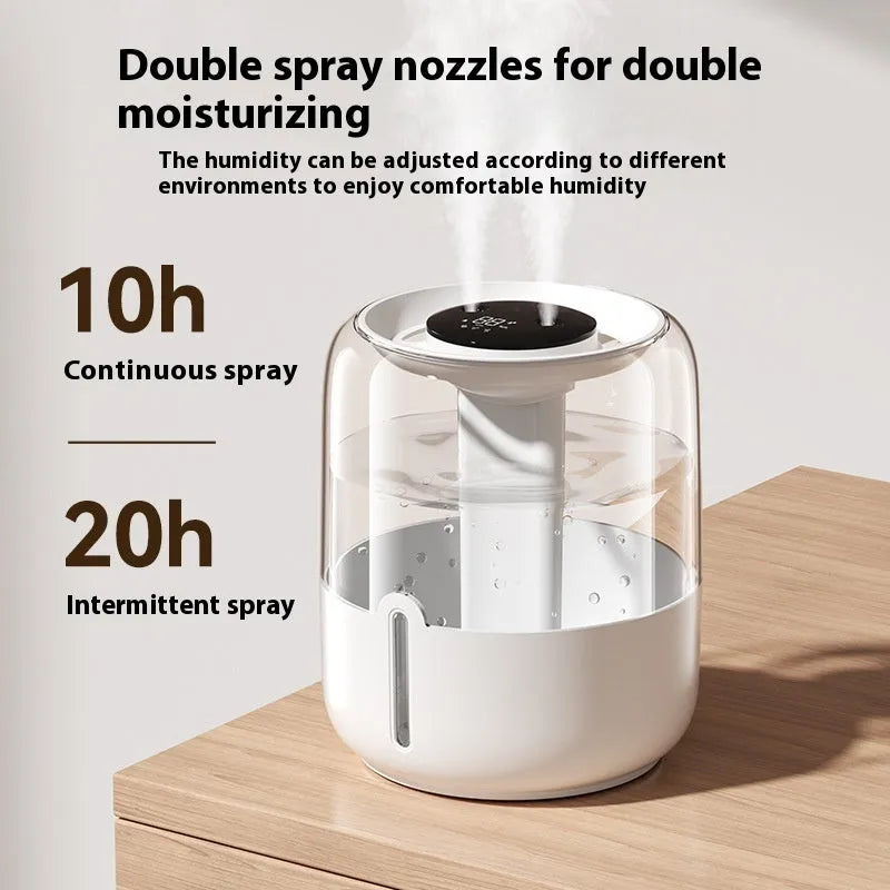Beige plastic USB humidifier with display, dual mist nozzles, and large 3.2L water tank.