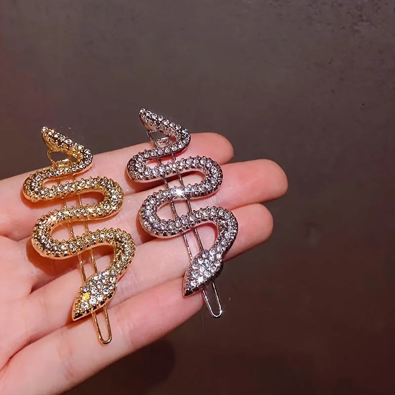 Vintage Korean-style snake design hair clip with rhinestones in gold or silver electroplated finish