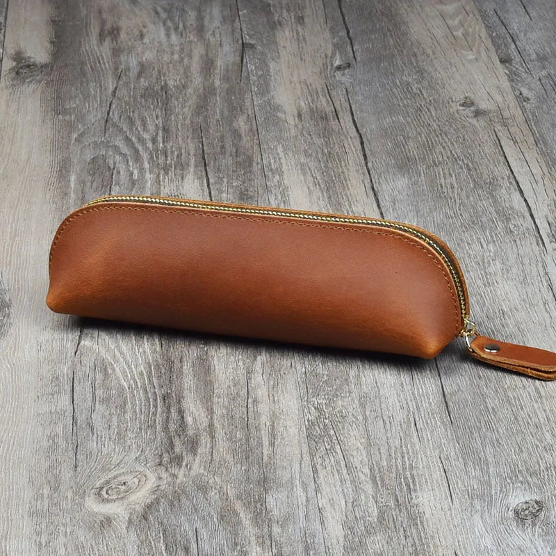 Handmade leather pencil case with zipper in black brown dark brown yellow colours