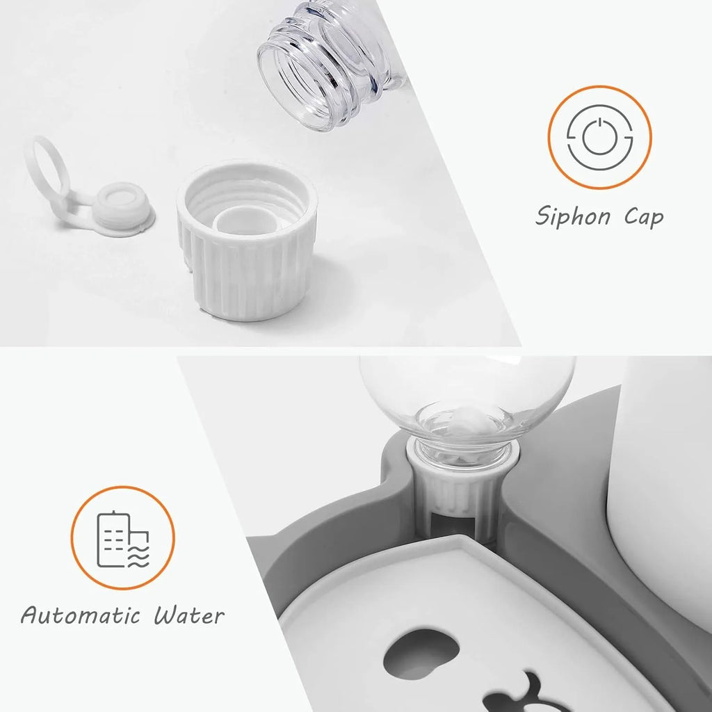 Grey and green tilted elevated pet bowl set with automatic water dispenser bottle for cats and small dogs.