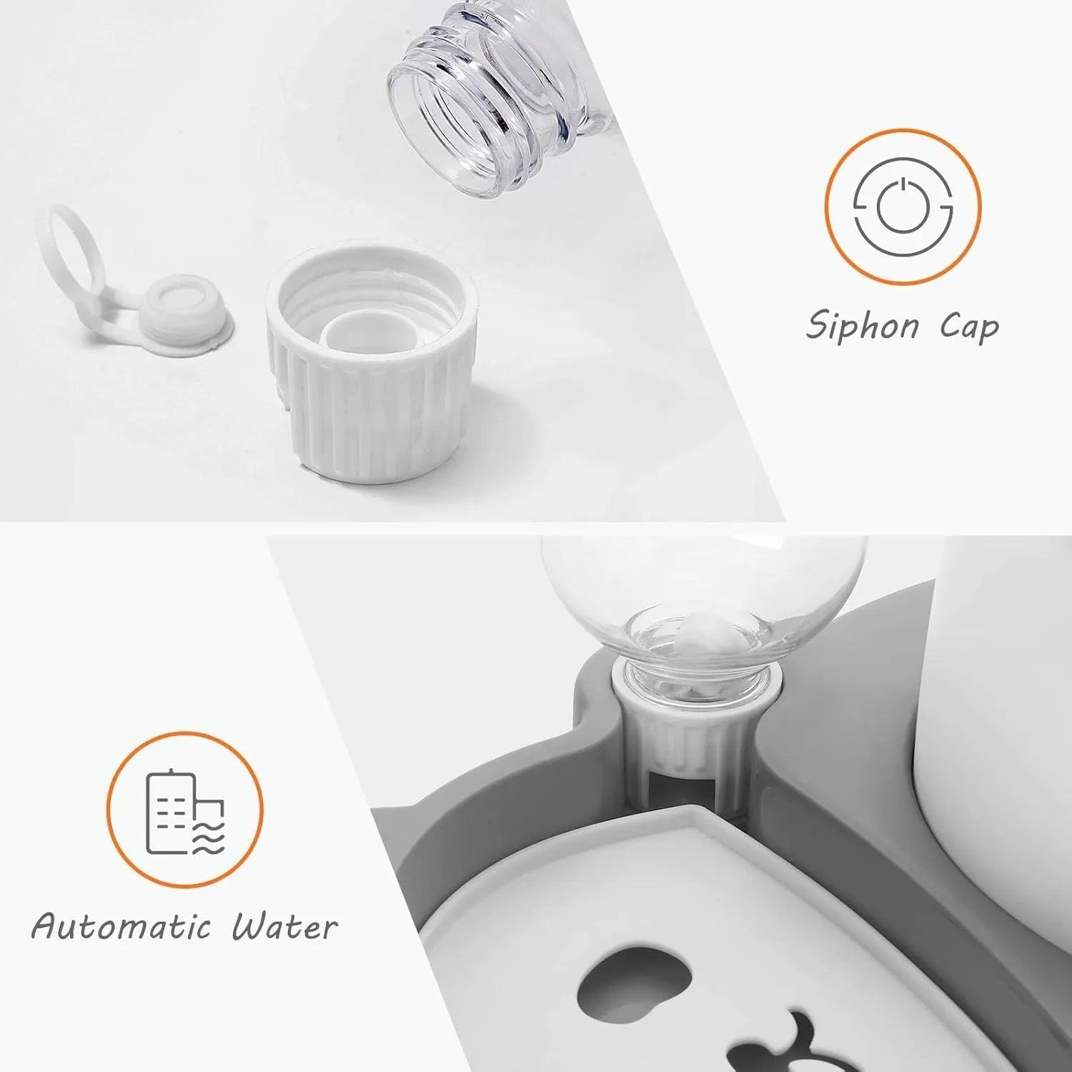 Grey and green tilted elevated pet bowl set with automatic water dispenser bottle for cats and small dogs.