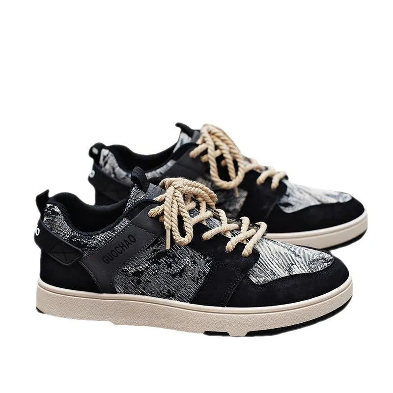 Men's niche design oil painting sneakers in beige green with PU upper, low-top silhouette