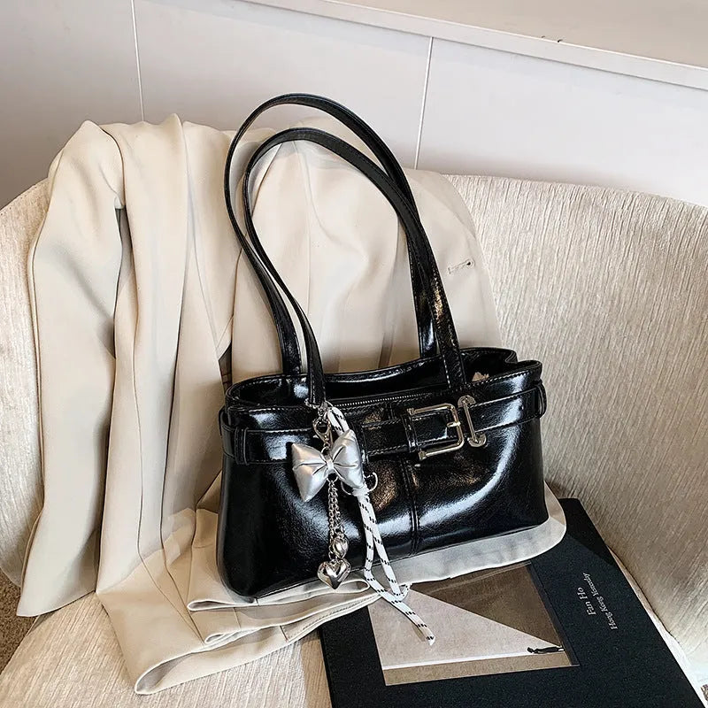 PU textured horizontal square underarm shoulder handbag in urban simplicity style with sewing thread detail, available in multiple colours