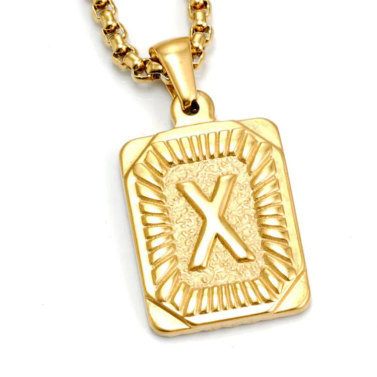 Gold-plated 18K titanium steel letter pendant necklace with pearl chain, gold colour, unisex design