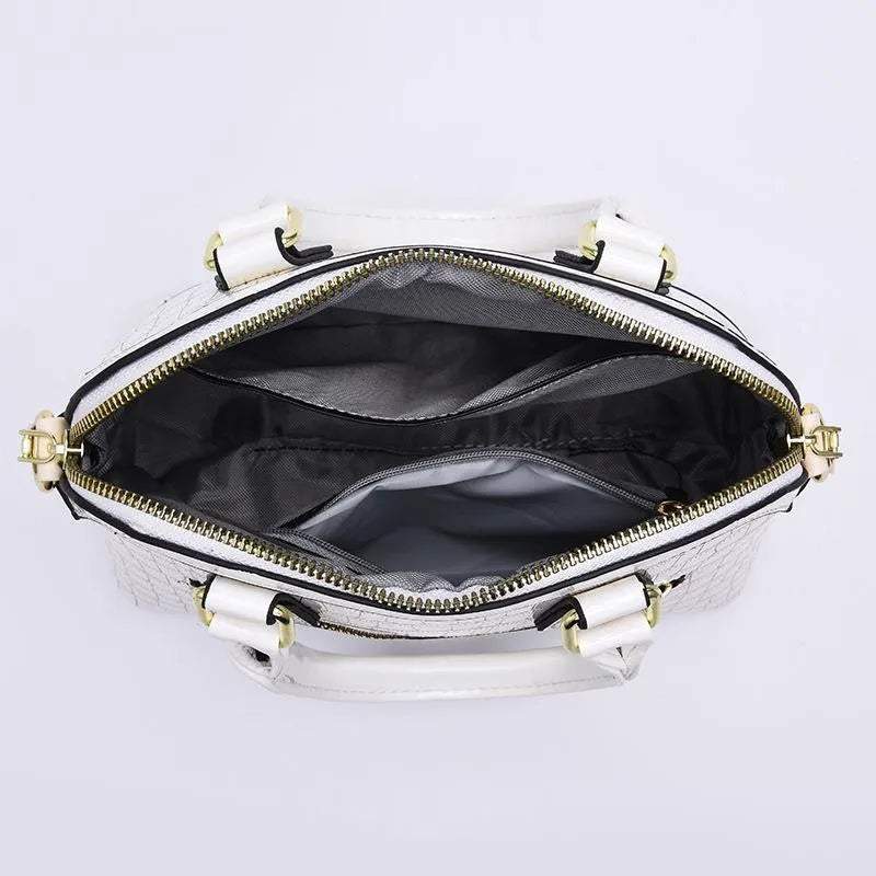 Women's shell-shaped PU top handle crossbody bag, solid colour, patent finish, metal accent, large size, zipper closure