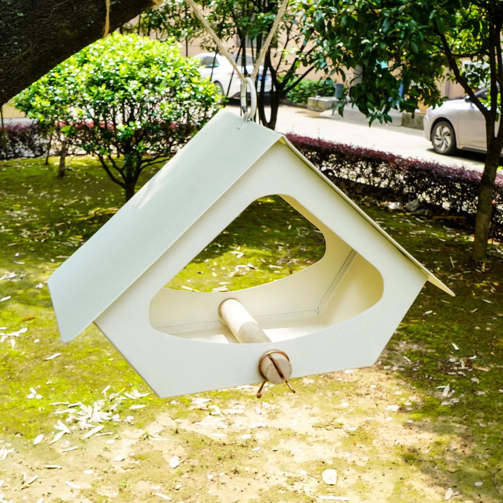 Outdoor iron bird feeder nest with anti-rain lid in European modern simplicity style for garden decoration.