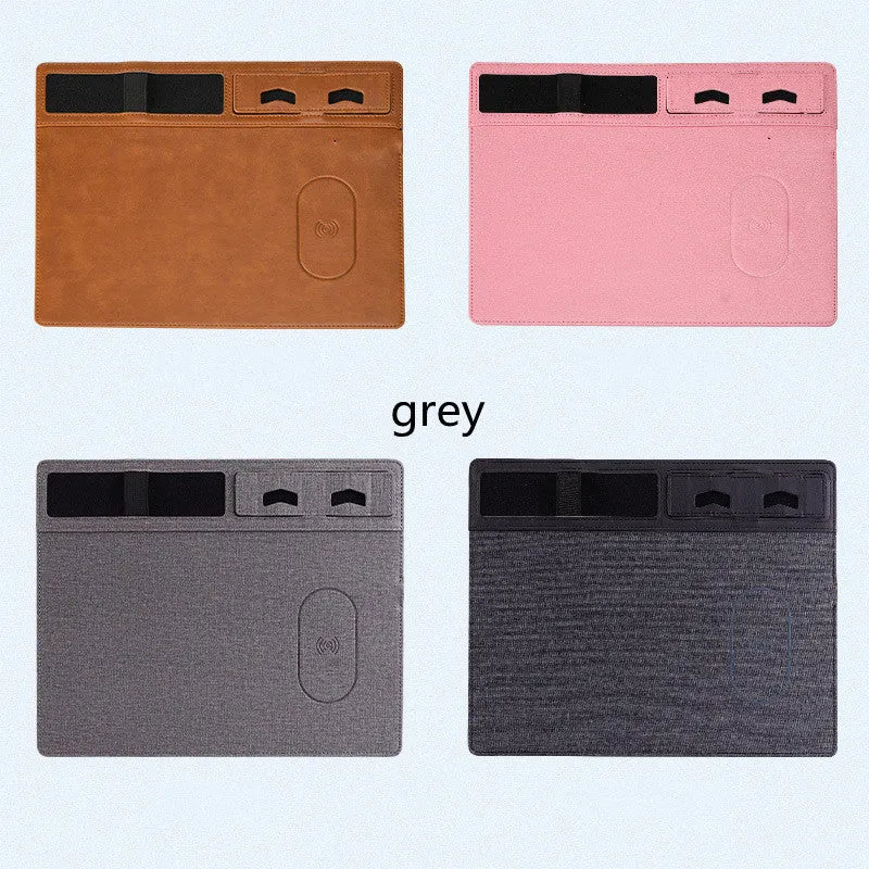 Wireless charging mouse pad with integrated phone holder on black PU leather surface