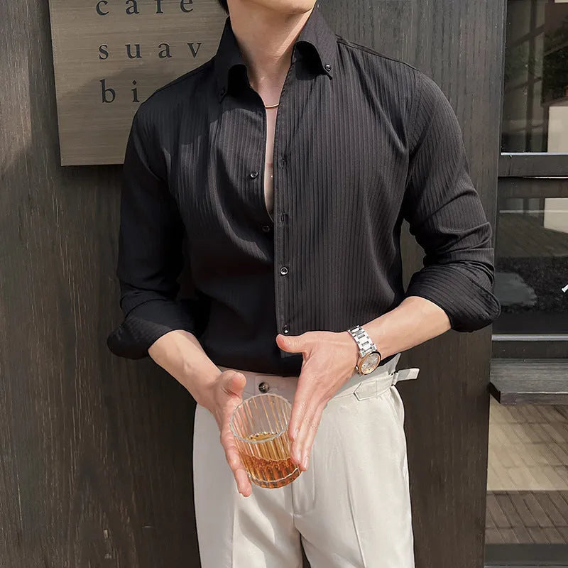 Men's striped V-neck long sleeve casual shirt in cardigan style
