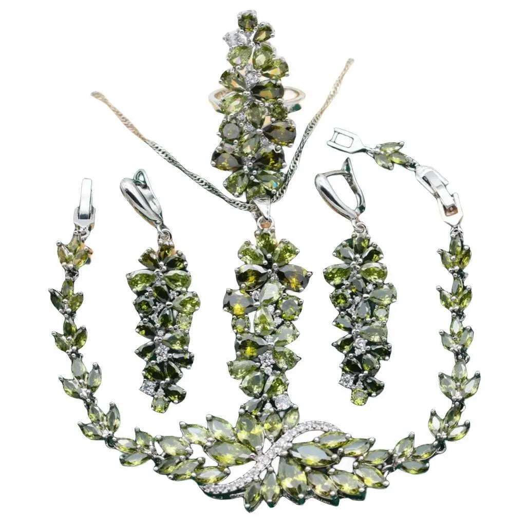 Complete retro floral jewellery set with copper zircon necklace, bracelet, earrings and ring in olive, purple or colourful finish