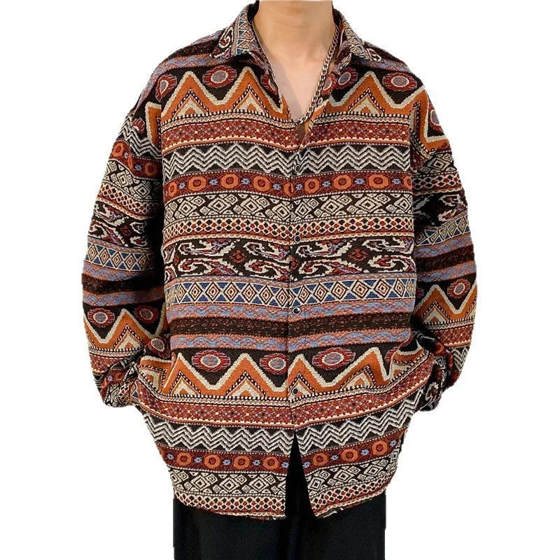 Loose Japanese retro ethnic style couple long sleeve cardigan shirt in brown polyester, front view