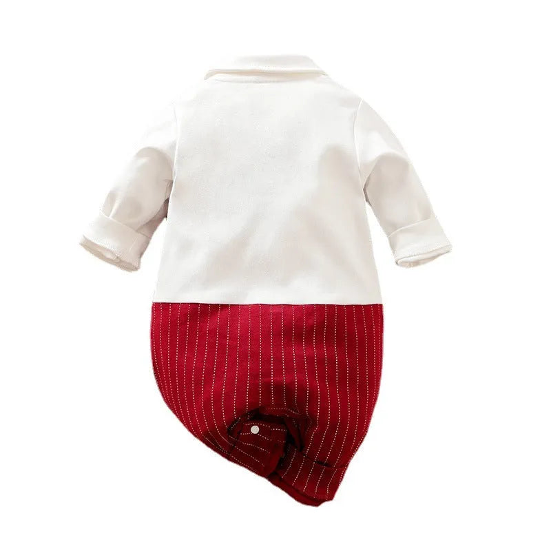 Wine red long sleeve cotton romper for a baby boy with a single-breasted closure.