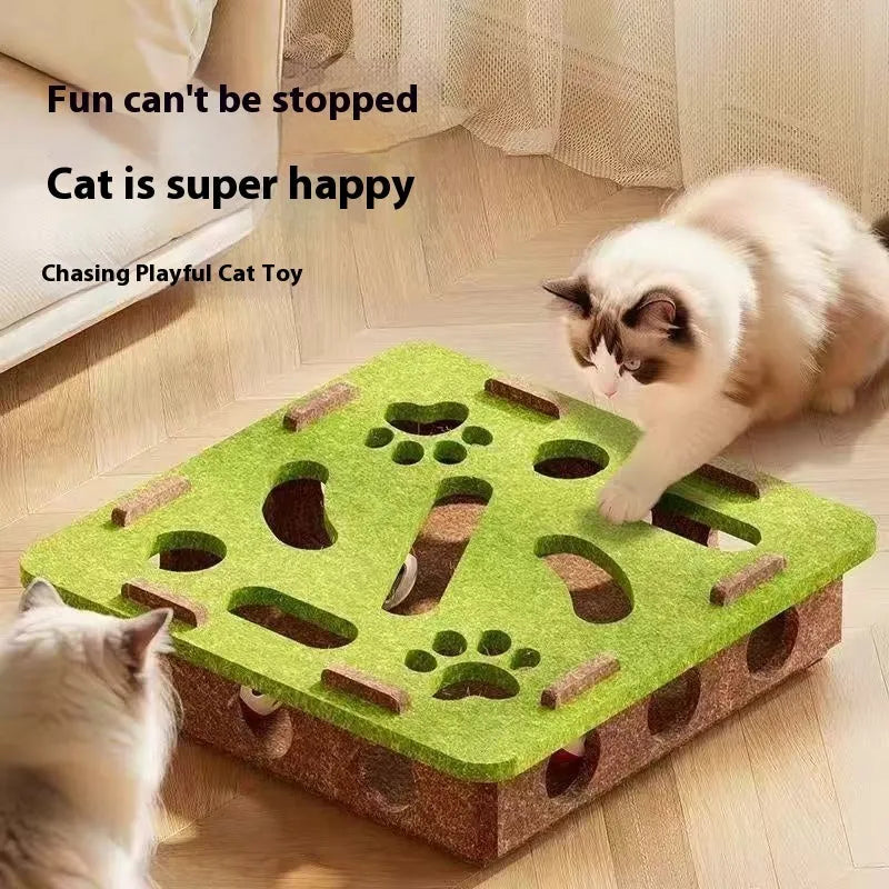 Green brown felt cat toy box with a central hole for catnip.