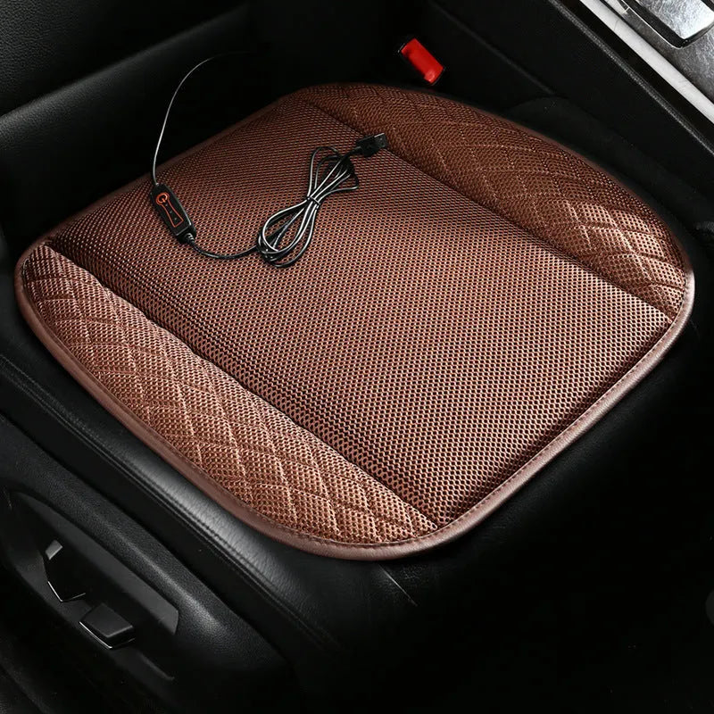 USB ventilated car seat cushion with suede cover in multiple colours, showing fan vents and USB cable.
