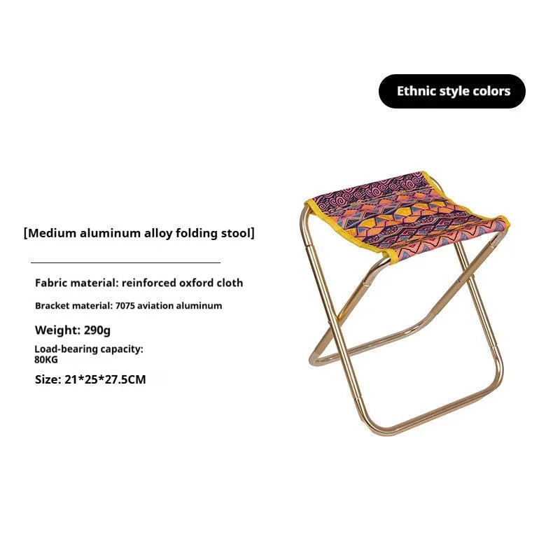 Black aluminium alloy folding camping stool in train-style design for outdoor use