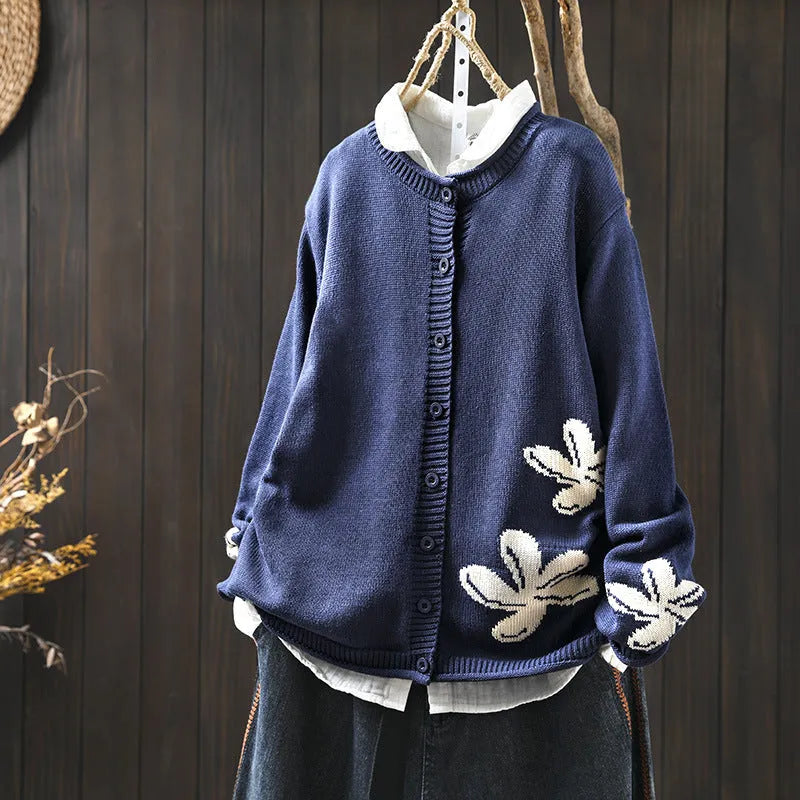 Women's loose retro flower contrasting knit cardigan with button front in khaki, showing long sleeves and floral pattern