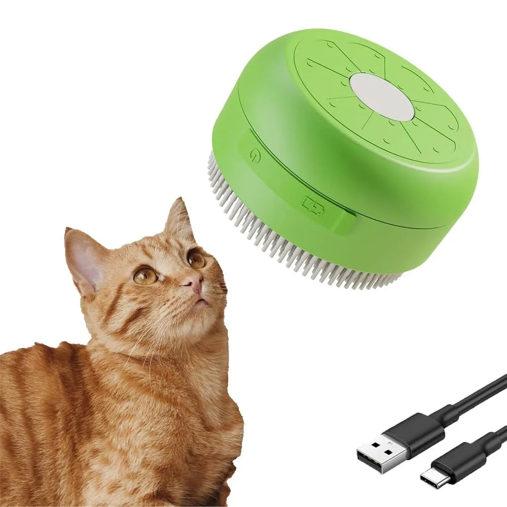 Green or yellow rechargeable cat and dog steam brush with silicone bristles and ergonomic handle.