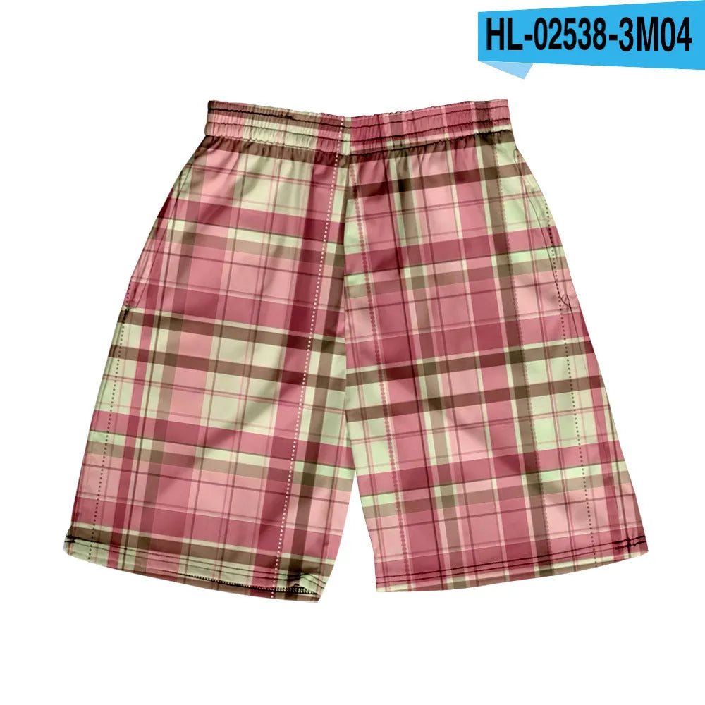 Men's polyester plaid shorts with elastic waistband in straight-leg casual style