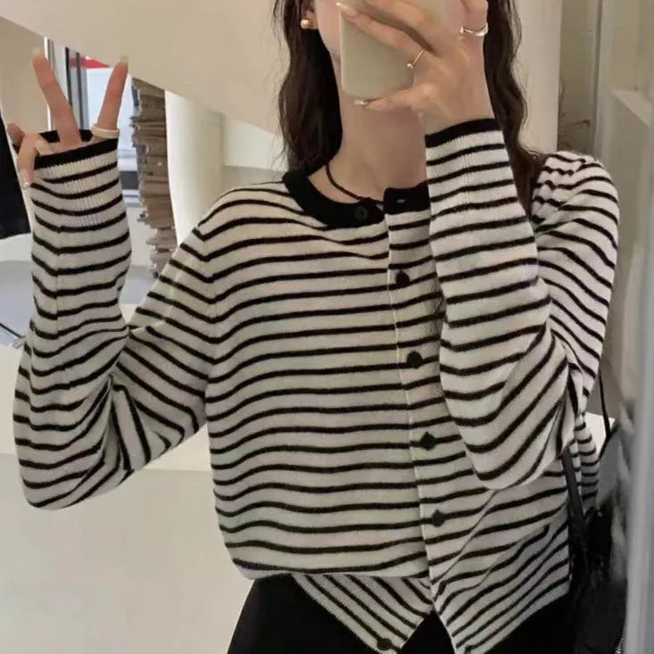 Women's dark grey and white striped viscose cardigan with 40cm short length slim fit