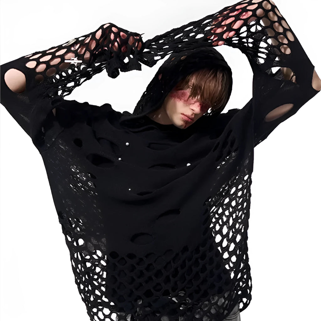 Men's black hooded sweater with pearl decorative detail on hood