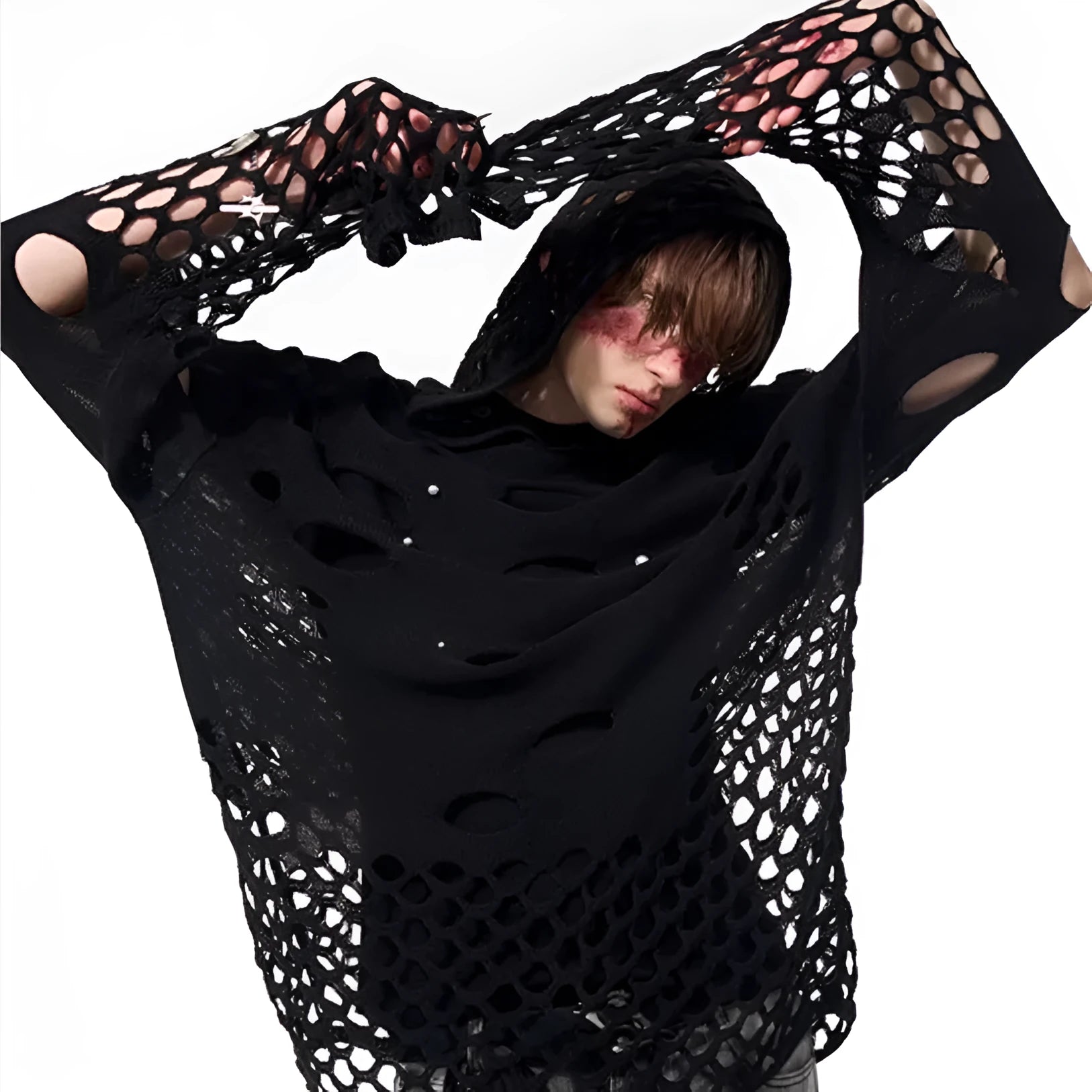Men's black hooded sweater with pearl decorative detail on hood