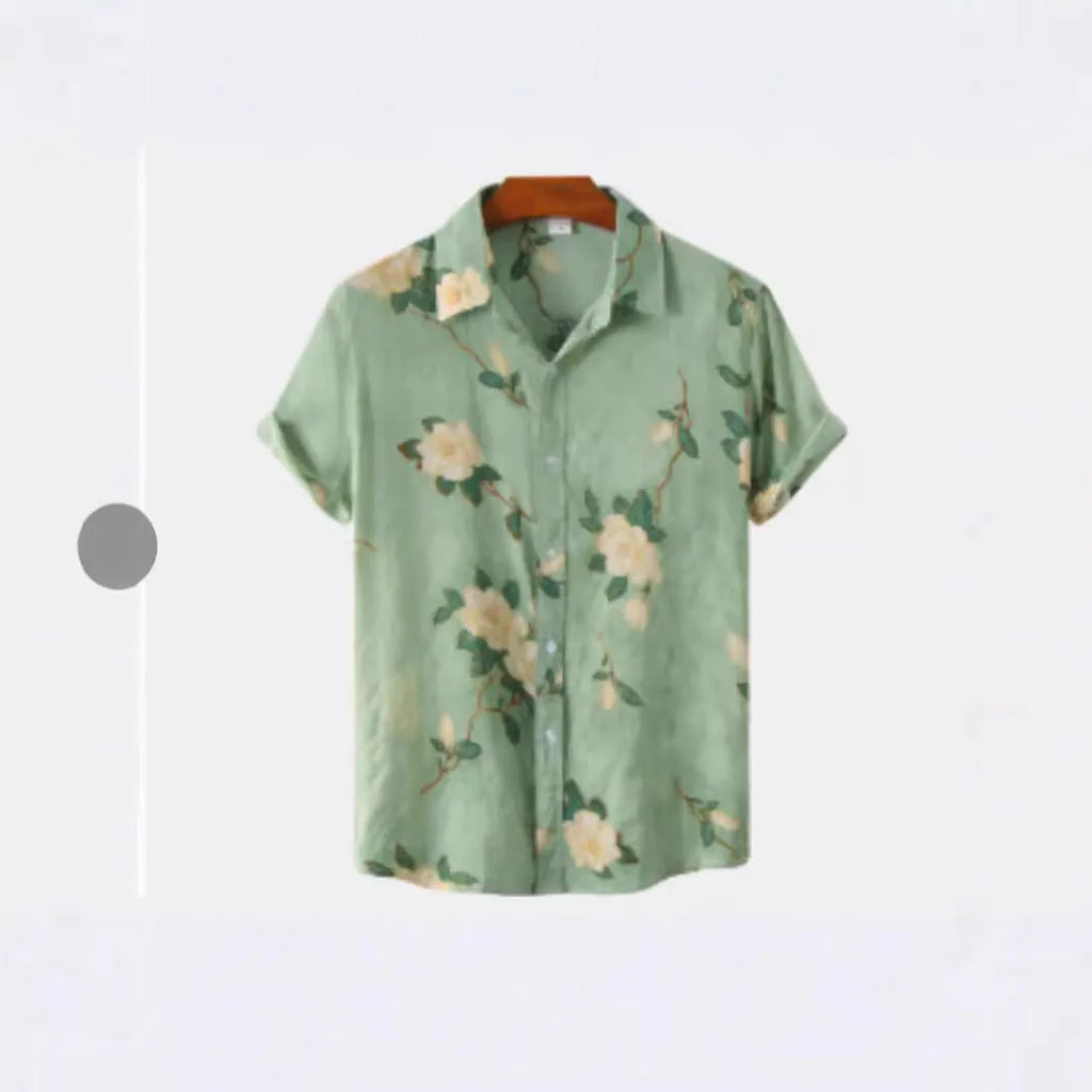 Man wearing a short sleeve floral Hawaiian shirt with lapel collar, made from elastic polyester fabric.