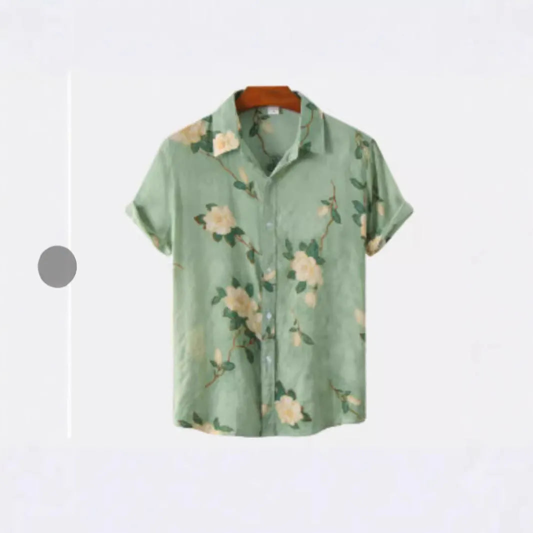 Man wearing a short sleeve floral Hawaiian shirt with lapel collar, made from elastic polyester fabric.