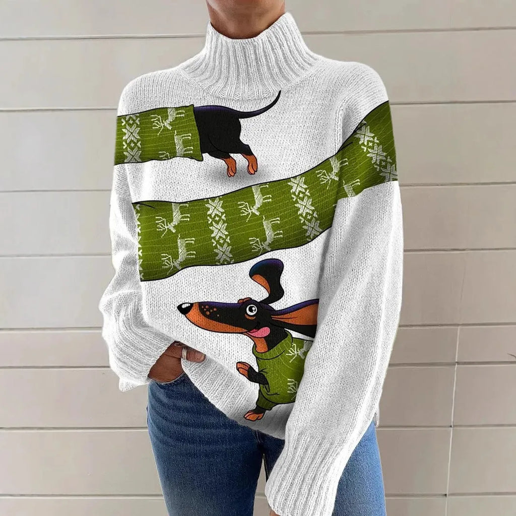 Women's Christmas printed turtleneck pullover sweater in loose casual style with long sleeves