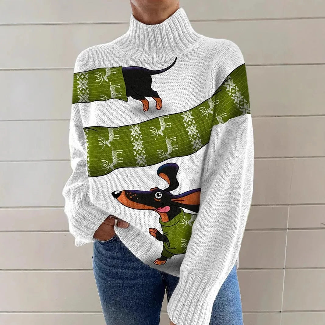 Women's Christmas printed turtleneck pullover sweater in loose casual style with long sleeves