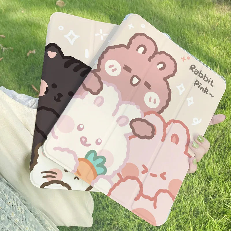 Silicone tri-fold iPad case with cartoon rabbit design shown protecting a tablet