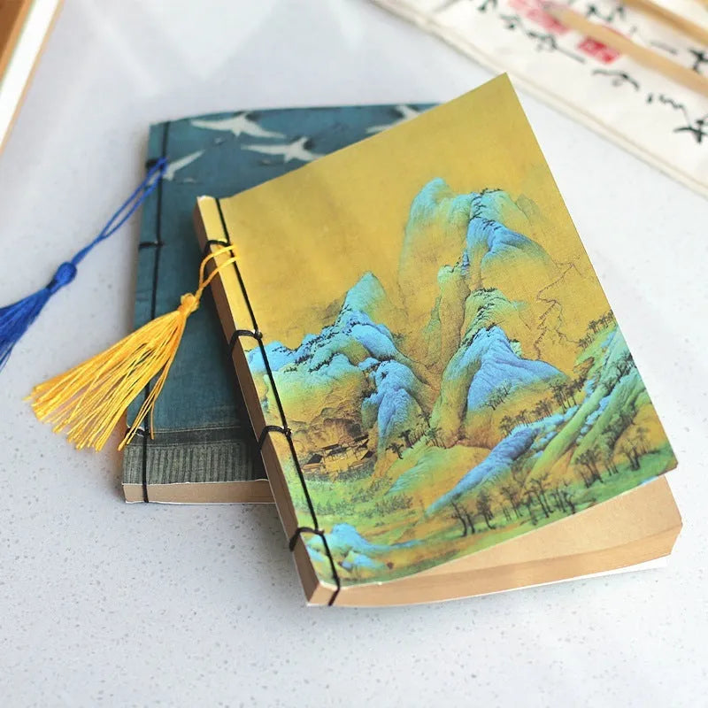 A5 antique wire-bound notebook with retro painting cover, wax rope binding, and tassels