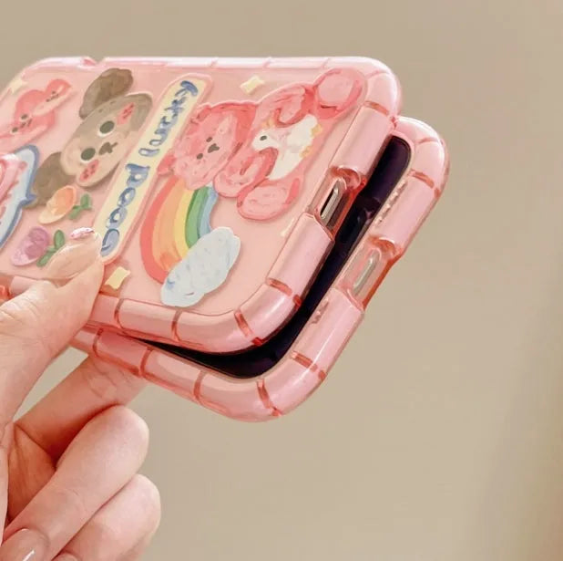 Cute oil painting dog phone case in pink with rainbow bear design for Apple iPhone