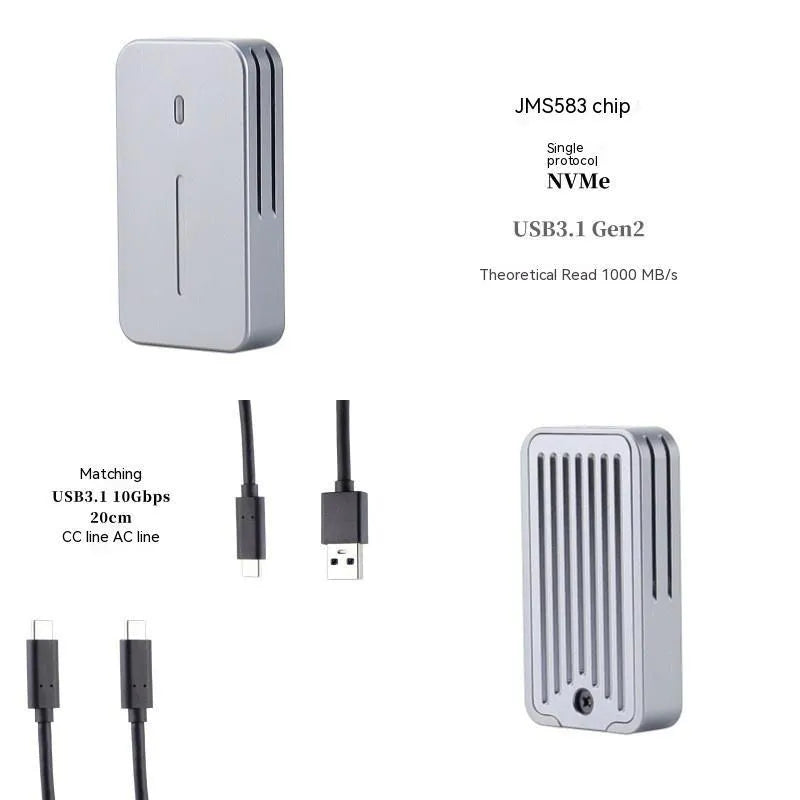 Compact silver aluminium M.2 NVMe to USB-C SSD enclosure showing its small size and USB-C port.