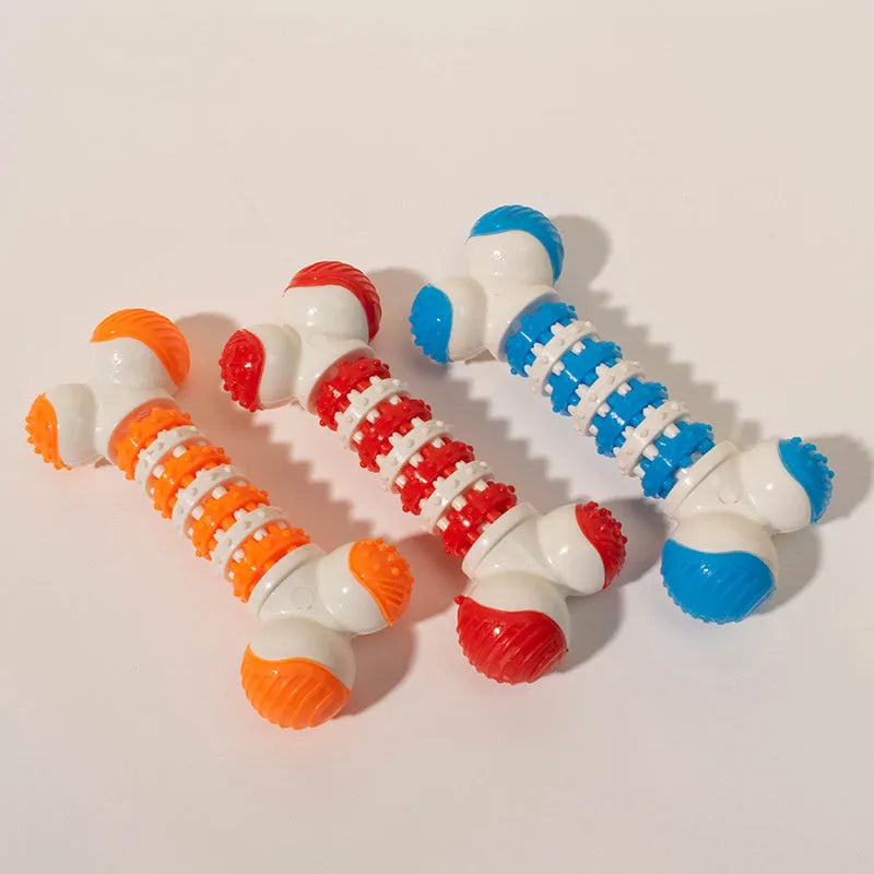 Blue bone-shaped interactive dog toy for small breeds with a treat compartment.
