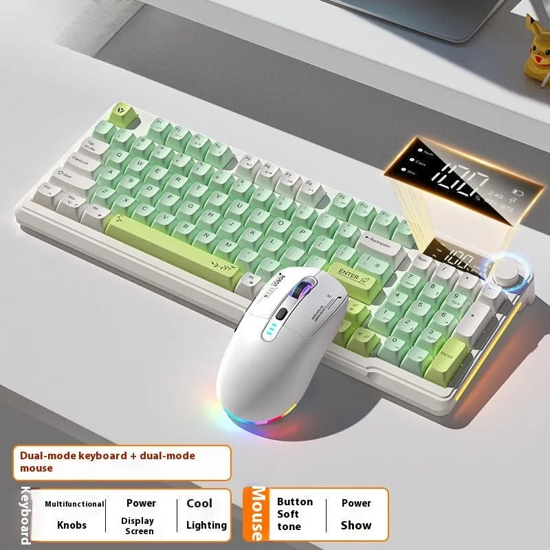 Wireless Bluetooth keyboard and mouse set with ball cap keycaps and multiple colour options on a desk