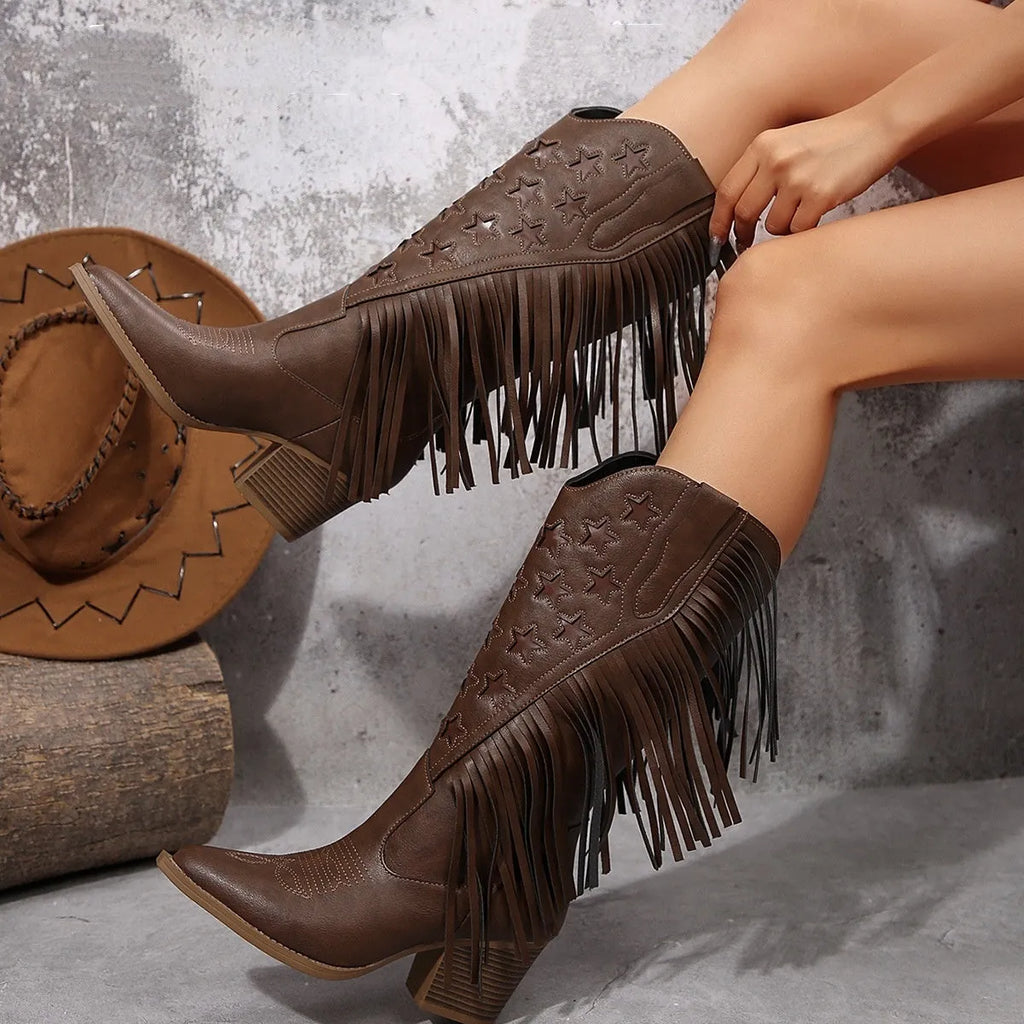 Fashion women's high heel tassel embroidery boots in beige, artificial PU upper, rubber sole