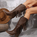 Fashion women's high heel tassel embroidery boots in beige, artificial PU upper, rubber sole