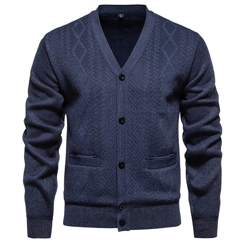 Men's striped cardigan sweater with long sleeves and wool lining shown in brown colour