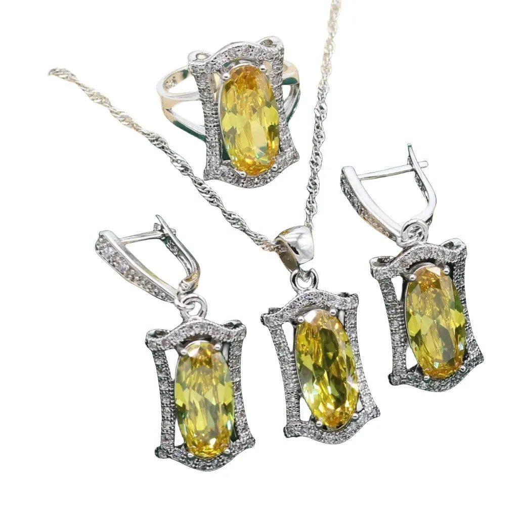 Olive and yellow anti-allergy zircon alloy jewellery set for women, showing necklace, earrings, ring, and bracelet.
