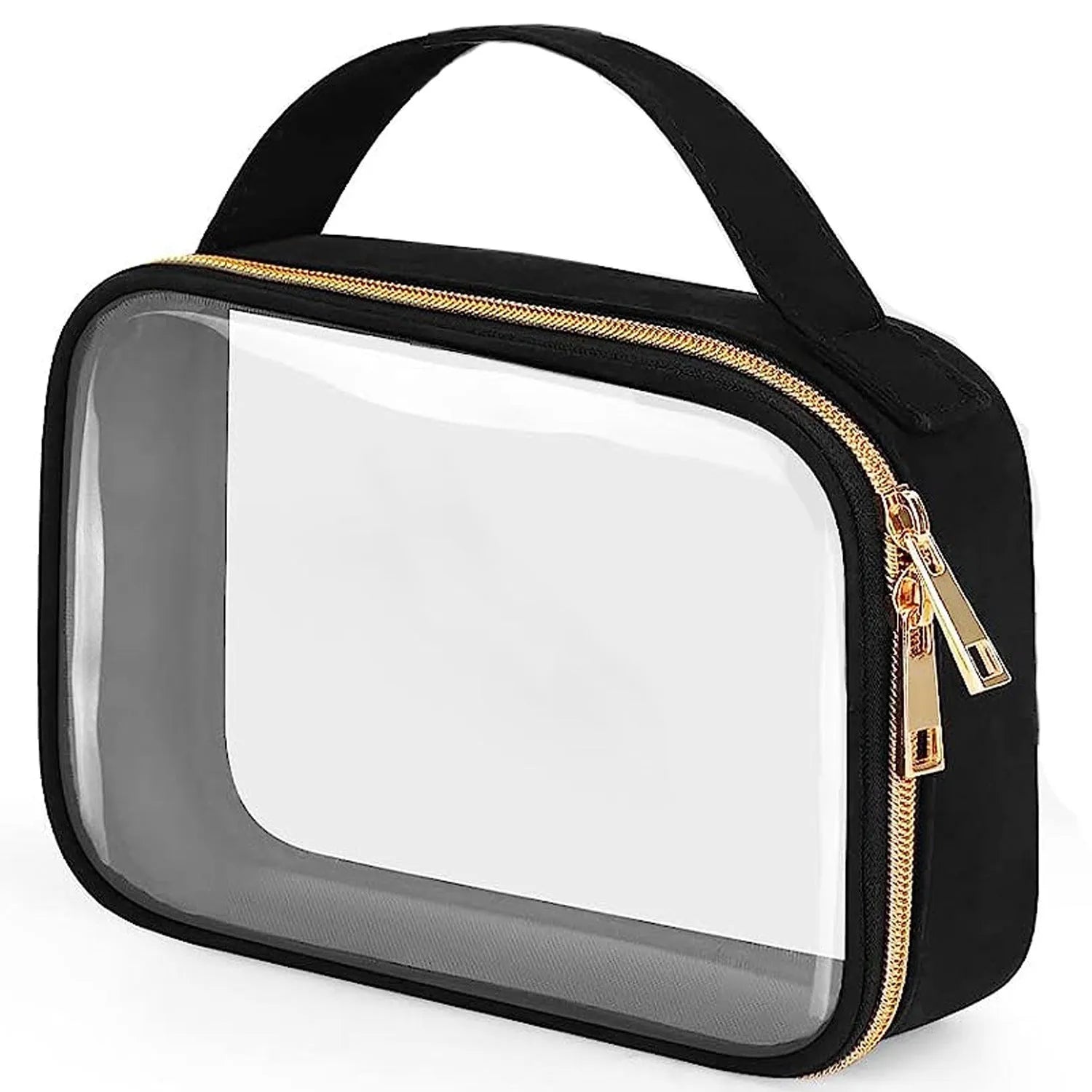 Clear PVC cosmetic wash bag with chain handle showing lipsticks inside, in leopard print colour.