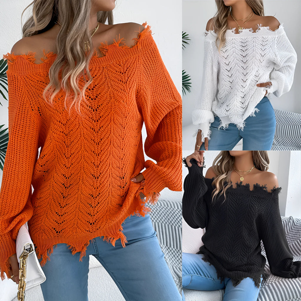 White hollow-out off-the-shoulder long sleeve pullover sweater laid flat.